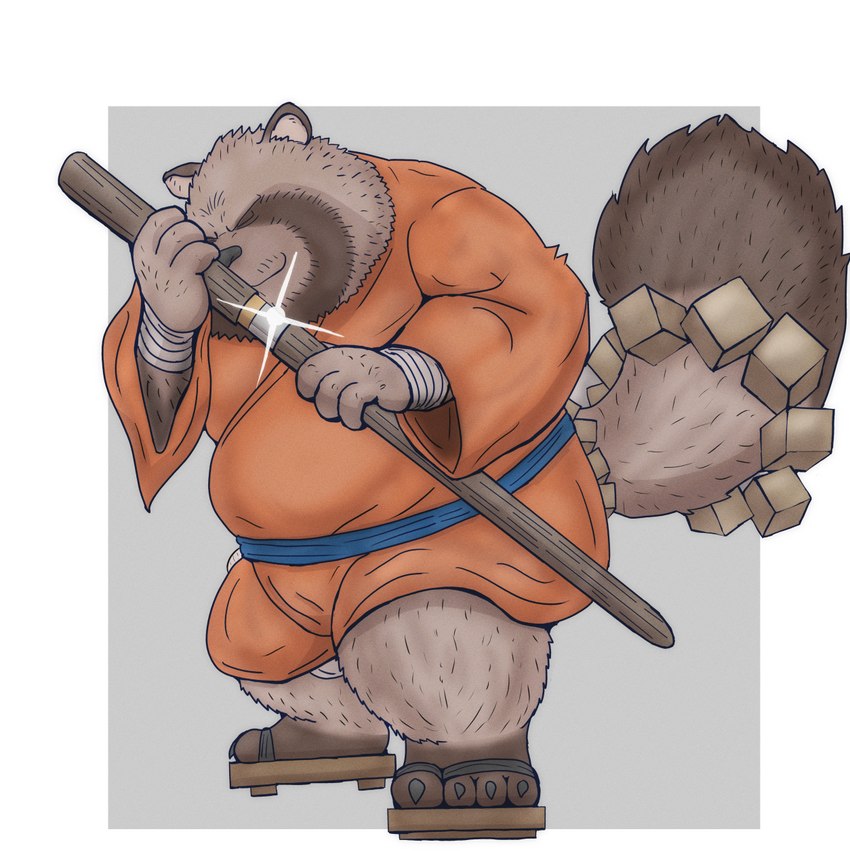 anthro asian_clothing bandage belly brown_body clothing east_asian_clothing footwear humanoid_hands japanese_clothing kemono male overweight overweight_male sandals shoes simple_background solo weapon usikuma6 dragon_quest dragon_quest_monsters dragon_quest_monsters:_the_dark_prince square_enix canid canine mammal raccoon_dog ronin_raccoon tanuki 2023 hi_res