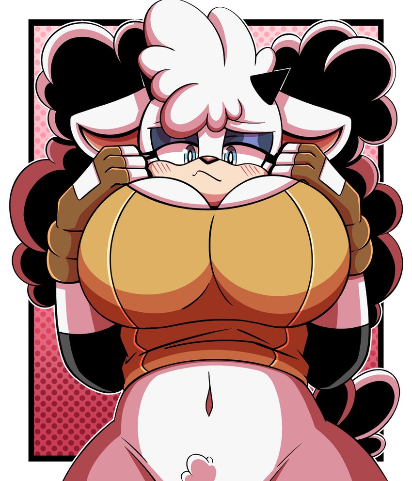 anthro big_breasts blush bottomless breasts cleavage clothed clothing female fingerless_gloves gloves handwear horn solo cxrryart idw_publishing sega sonic_the_hedgehog_(comics) sonic_the_hedgehog_(idw) sonic_the_hedgehog_(series) lanolin_the_sheep_(sonic) bovid caprine mammal sheep hi_res