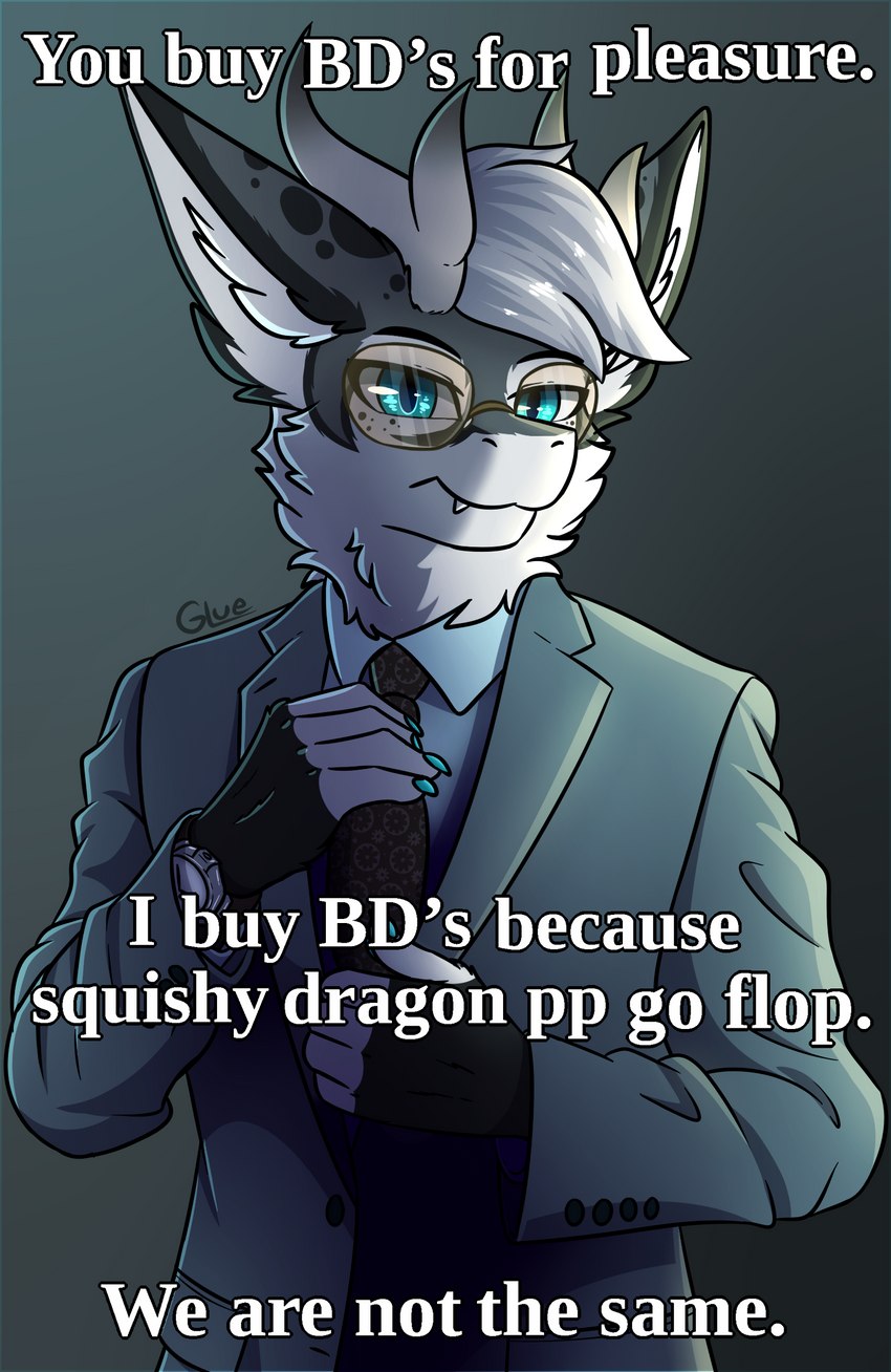 anthro clothing dialogue eyewear fur glasses horn looking_at_viewer male solo suit text glue_(artist) mythology we_are_not_the_same elm_(glue) dragon furred_dragon furred_scalie mythological_creature mythological_scalie scalie english_text hi_res image_macro meme