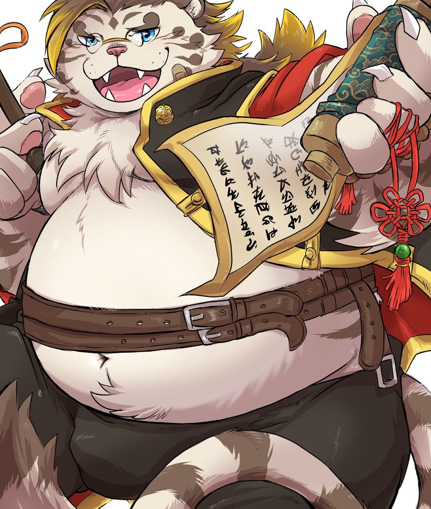 anthro belly big_belly blue_eyes bottomwear bulge clothing eyewear fur glasses humanoid_hands kemono male navel overweight overweight_male pants solo white_body white_fur shirokumaou lifewonders tokyo_afterschool_summoners licho_(tas) felid mammal pantherine tiger 2023 hi_res