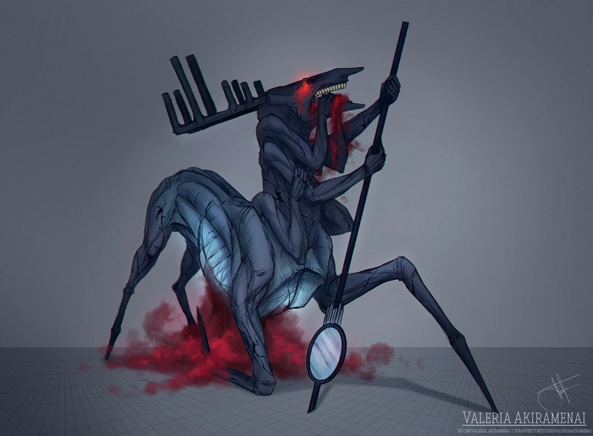 5_fingers anthro antlers blood blue_body bodily_fluids eye_mist featureless_feet feet fingers glowing glowing_eyes grey_background grid_floor horn horror_(theme) human_teeth kneeling multi_arm multi_limb nightmare_fuel nude on_one_knee open_mouth quadruped red_eyes simple_background solo square_grid teeth weapon morsylvia monster taur digital_media_(artwork) full-length_portrait portrait signature