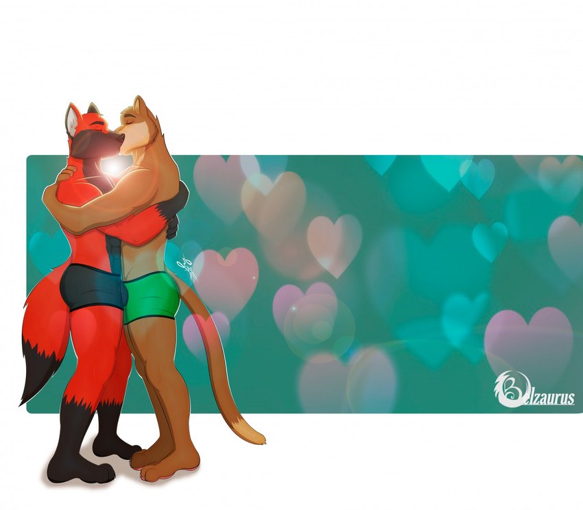 abs anthro arms_around_partner bulge clothed clothing duo hug kissing loving_embrace male male/male muscular partially_clothed topless underwear belzaurus_(artist) blaze_wolf jesse_cat canid canine canis domestic_cat felid feline felis mammal wolf