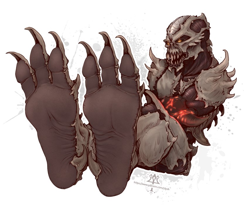 3_toes ambiguous_gender bared_teeth claws feet foot_fetish foot_focus horn not_furry nude paws simple_background soles solo teeth text toe_claws toes yellow_eyes kredri doom_(series) id_software microsoft archvile_(doom) demon demon_humanoid humanoid monster monstrous_humanoid url