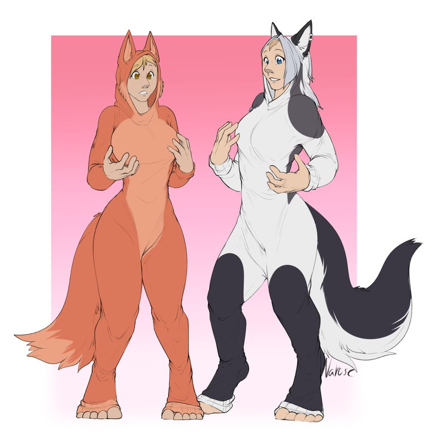 animal_ears anthro blue_eyes breast_growth breasts brown_eyes clothed clothing digitigrade duo female female/female fur gender_transformation grey_body grey_fur growth gynomorph intersex intersex/intersex kigurumi male male/male merge_tf merging onesie orange_body orange_fur skinsuit standing suit_transformation surprise tight_clothing transformation white_body white_fur narusewolf dreamworks helluva_boss mythology the_bad_guys diane_foxington loona_(helluva_boss) animal_humanoid canid canid_demon canine canis demon fox hellhound human humanoid mammal mythological_canine mythological_creature wolf hi_res