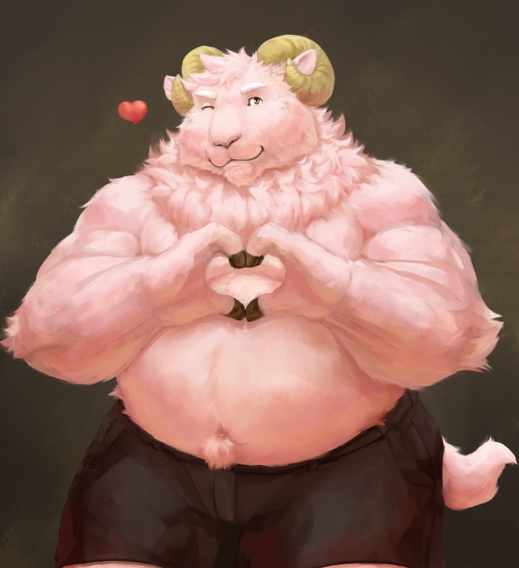 anthro belly chubby_cheeks clothed clothing fur gesture heart_gesture heart_symbol horn male navel one_eye_closed overweight overweight_anthro overweight_male pink_body pink_fur smile solo topless wink cinna-tree bovid caprine mammal sheep hi_res