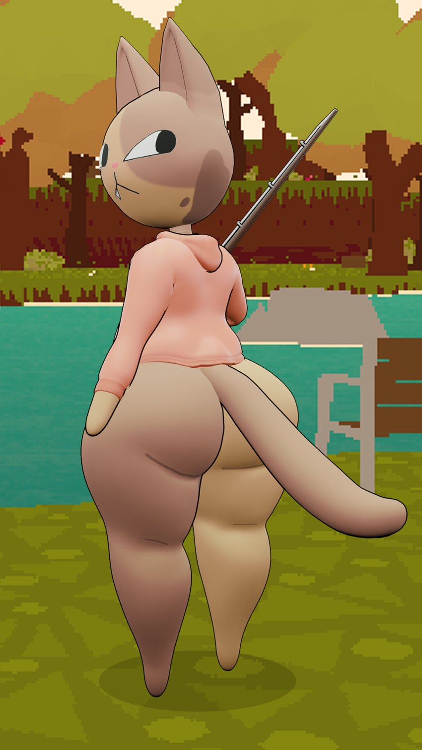 anthro big_butt biped black_eyes bottomless butt clothed clothing detailed_background femboy fishing_rod fur holding_object hoodie hoodie_only lake looking_back male markings mostly_nude multicolored_body multicolored_fur narrowed_eyes outside rear_view solo spots spotted_body spotted_fur tail thick_thighs topwear topwear_only wide_hips dege3 webfishing domestic_cat felid feline felis mammal 3d_(artwork) 9:16 digital_media_(artwork) hi_res