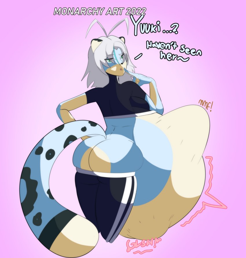 abdominal_bulge anthro belly big_belly big_butt bottomwear butt butt_squish clothing dialogue female female_pred fully_inside huge_belly looking_at_viewer looking_back lowered_pants pants rear_view rumbling_stomach squish sweatpants text vore monarchyart vivian_(monarchyart) felid mammal pantherine snow_leopard absurd_res digital_media_(artwork) english_text hi_res