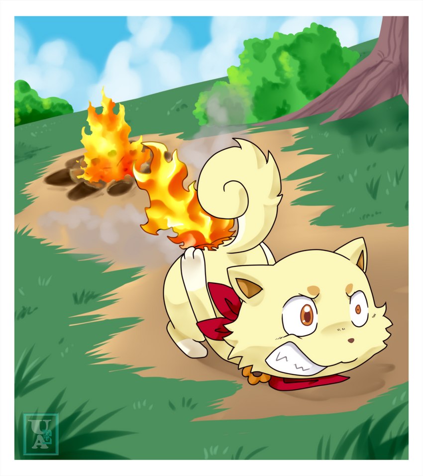 anthro burning butt butt_on_fire campfire chibi clenched_teeth detailed_background fire gem hand_on_butt kerchief male pain solo tail teeth pequedark-velvet jewelpet sanrio sega sega_fave kohaku_(jewelpet) canid canine canis domestic_dog mammal shiba_inu spitz digital_media_(artwork) hi_res