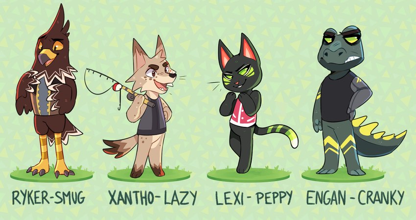 anthro beak biped fishing_rod holding_fishing_rod holding_object male open_mouth open_smile smile tail aevris animal_crossing nintendo engan_(aevris) lexi_(aevris) ryker_(aevris) xantho_(aevris) avian bird canid canine canis coyote crocodilian domestic_cat felid feline felis mammal reptile scalie hi_res