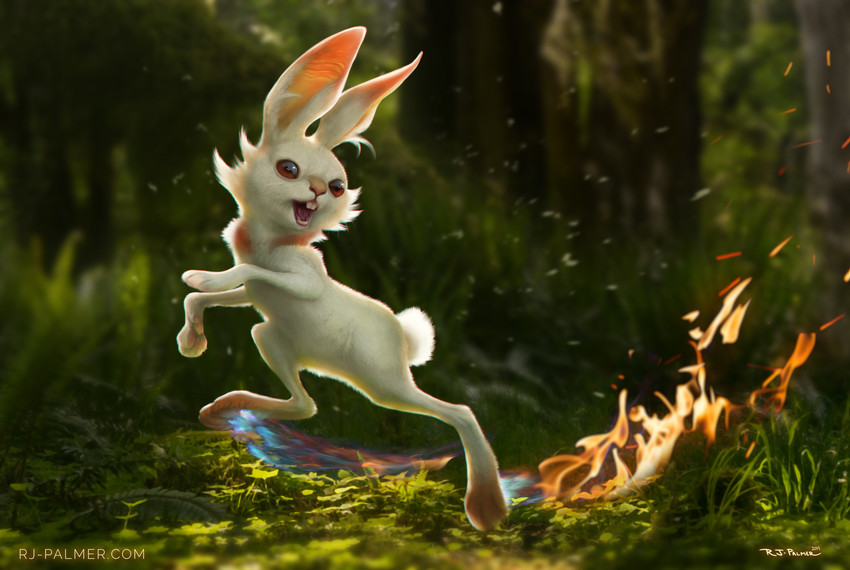 ambiguous_gender brown_eyes day detailed_background feral fire forest fur grass open_mouth outside photorealism plant solo teeth tongue tree white_body white_fur arvalis nintendo pokemon generation_8_pokemon pokemon_(species) scorbunny 2019 absurd_res digital_media_(artwork) hi_res