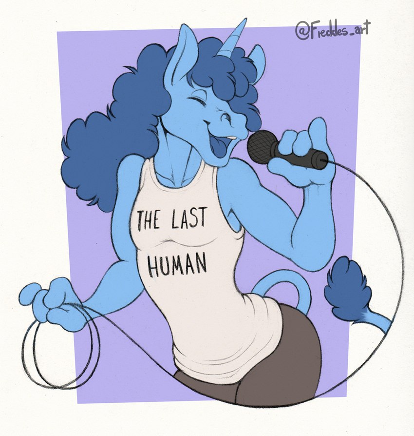 anthro athletic_wear blue_body blue_fur blue_hair bottomwear clothing electronics eyes_closed fur gym_bottomwear gym_shorts hair horn long_hair male microphone open_mouth open_smile raised_finger raised_pinky shirt shorts simple_background singing smile solo tail tail_tuft tank_top text text_on_clothing text_on_shirt text_on_tank_top text_on_topwear topwear tuft unicorn_horn freckles_(artist) game_grumps mythology danny_sexbang equid equine mammal mythological_creature mythological_equine unicorn 2022 english_text