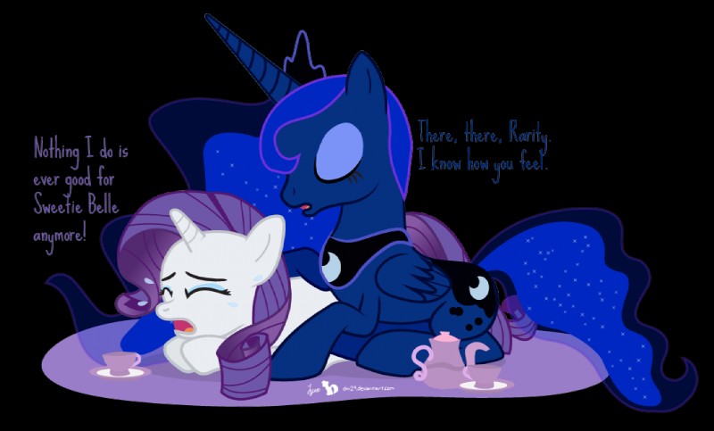 blue_eyeshadow blue_hair bodily_fluids comforting container crown crying cup dialogue duo eyes_closed eyeshadow feathered_wings feathers female feral hair headgear horn hug jewelry makeup moon necklace purple_hair saucer simple_background sparkles tea_cup teapot tears text transparent_background upset wings dm29 friendship_is_magic hasbro my_little_pony mythology princess_luna_(mlp) rarity_(mlp) equid equine mammal mythological_creature mythological_equine unicorn winged_unicorn 2014 alpha_channel english_text