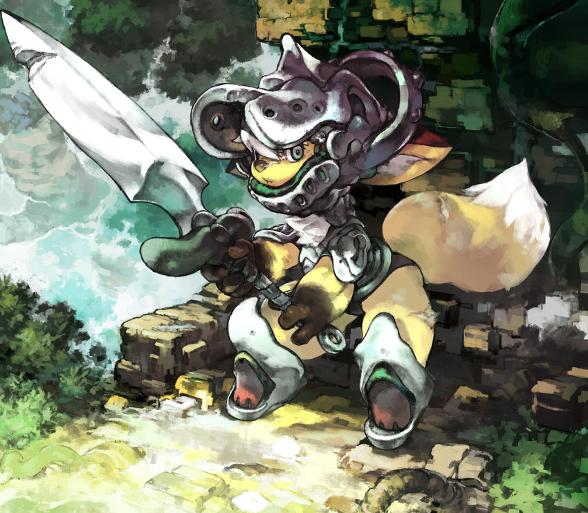 ambiguous_gender anthro armor detailed_background dipstick_limbs grass hair headgear helmet holding_melee_weapon holding_object holding_sword holding_weapon looking_aside melee_weapon outside plant solo sword tan_body weapon white_hair koki canid canine fox mammal 2016 hi_res