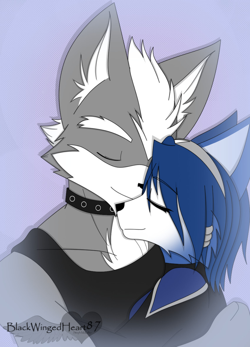 accessory anthro blue_body blue_fur blue_hair clothing collar duo eyebrows eyes_closed female fur grey_body grey_fur hair hair_accessory hug inner_ear_fluff male smile suit tuft white_hair blackwingedheart87 nintendo star_fox krystal_(star_fox) wolf_o'donnell canid canine canis fox mammal wolf 2010 hi_res