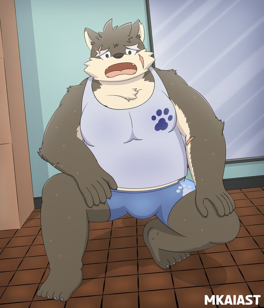 anthro bodily_fluids bottomwear brown_body brown_fur clothing fur locker_room male mirror scar shirt slightly_chubby solo sweat swimwear tank_top topwear mkaiast lifewonders tokyo_afterschool_summoners moritaka_(tas) canid canine canis domestic_dog mammal absurd_res hi_res