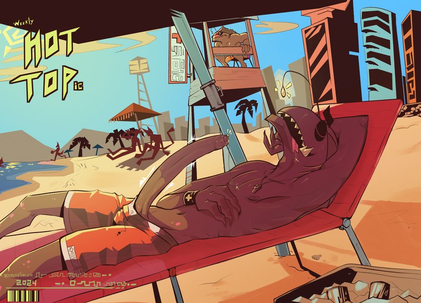 anthro beach beach_chair big_penis biped bodily_fluids brown_body brown_foreskin brown_glans brown_nipples brown_penis brown_skin building bulge city city_background clothed clothing cooler day drawstring_swimwear drinking drooling erection eyes_closed eyewear fin fingernails floating_eyebrows foreskin genital_fluids genitals gills glans group hand_behind_head hand_on_chest head_fin humanoid_genitalia humanoid_penis illicium lifeguard lifeguard_tower long_penis lying male nails nipples on_back open_mouth orange_clothing orange_swimming_trunks orange_swimwear outside palm_tree parasol penis penis_poking_out plant precum precum_string saliva sand sharp_teeth side_view sky sleeping sleeping_on_the_job solo_focus sun sunglasses swimming_trunks swimwear teeth tongue tongue_out topless topless_anthro topless_male tree wardrobe_malfunction water whistle_(object) whistle_around_neck dracks background_character lexie_(dracks) razor_(dracks) eel fish marine 2024 absurd_res cover hi_res magazine_cover brother_(lore) brothers_(lore) sibling_(lore)