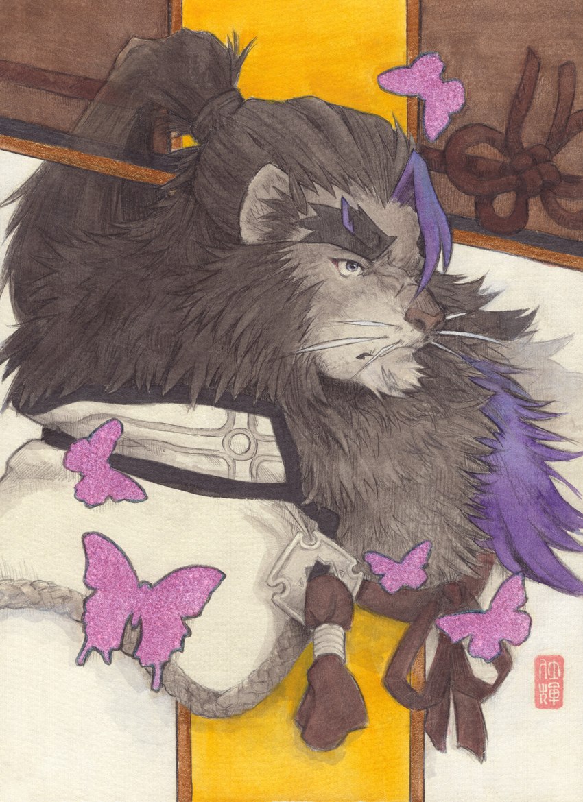 anthro brown_body brown_fur cape clothing eyebrows fur hair male mane ponytail solo thick_eyebrows toronoekaki lifewonders live_a_hero toshu arthropod butterfly felid insect lepidopteran lion mammal pantherine bust_portrait hi_res portrait traditional_media_(artwork)