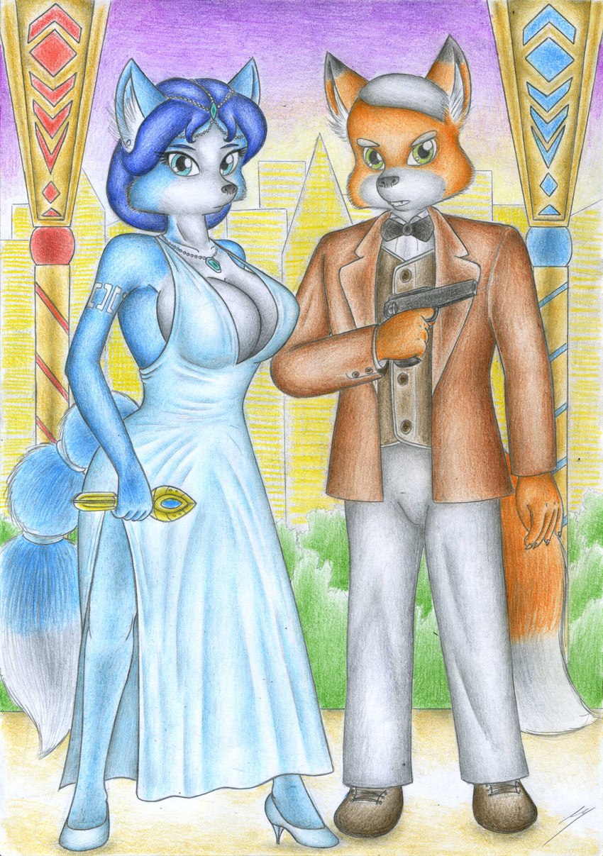 anthro black_nose blue_body blue_fur blue_hair breasts cleavage clothed clothing dress duo female fur gun hair handgun male multicolored_body multicolored_fur orange_body orange_fur pistol ranged_weapon staff standing suit two_tone_body two_tone_fur weapon white_body white_fur white_hair sinaherib nintendo star_fox fox_mccloud krystal_(star_fox) canid canine fox mammal 2023 absurd_res hi_res