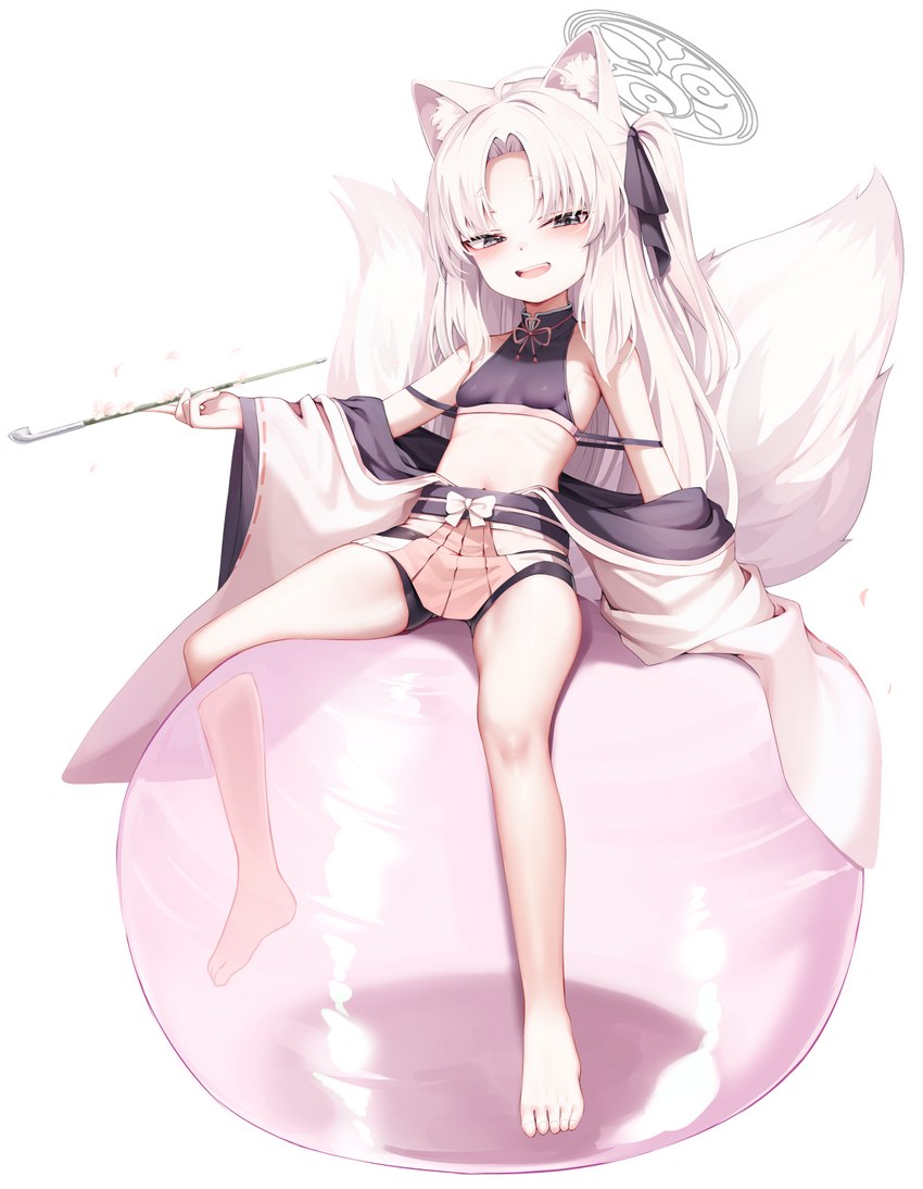 2_tails ahoge ball barefoot bottomwear breasts clothed clothing exercise_ball eyebrow_through_hair eyebrows feet female grey_eyes hair halo holding_object inner_ear_fluff kiseru loli multi_tail sitting sitting_on_ball skirt small_breasts smoking_pipe solo tail translucent translucent_hair tuft white_ears white_hair white_inner_ear_fluff young mannack blue_archive kuzunoha_(blue_archive) animal_humanoid canid canid_humanoid canine canine_humanoid fox_humanoid humanoid mammal mammal_humanoid 2023 hi_res