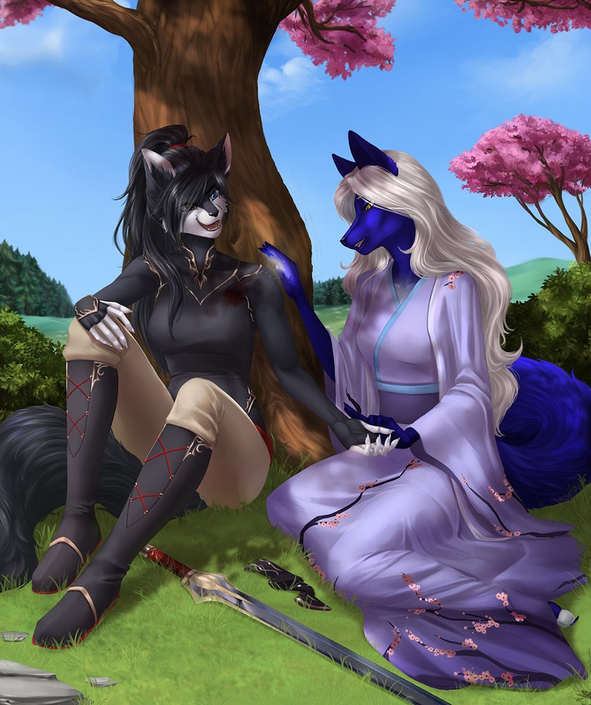 5_fingers anthro black_hair blood blue_body blue_fur bodily_fluids breasts clothed clothing day detailed_background duo female fingers fur hair healing melee_weapon outside sky smile sword weapon wounded elvofirida canid canine mammal species_request 2022 digital_media_(artwork) hi_res