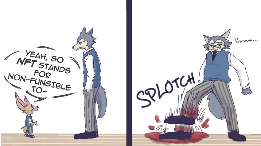 anthro blood bodily_fluids cartoon_violence clothed clothing death dialogue duo gore humor killing male male_death nft simple_background sound_effects speech_bubble text unknown_artist beastars legoshi_(beastars) voss_(beastars) canid canine canis fennec_fox fox mammal true_fox wolf 2022 absurd_res comic english_text hi_res meme