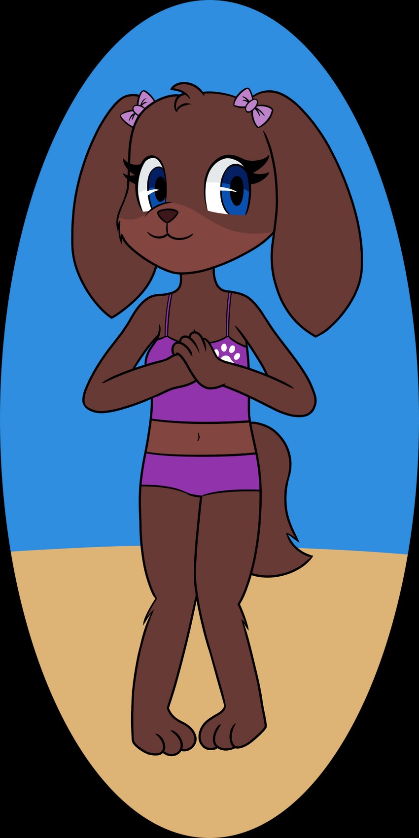 4_fingers anthro bare_shoulders beach bikini biped blue_eyes bow_(feature) bow_accessory breasts brown_body brown_fur brown_nose cheek_tuft circle_background clasped_hands cleavage clothed clothing dog_ears dog_tail ear_bow eyelashes facial_tuft female fingers footprint fully_clothed fur hands_together hands_together_elbows_apart leg_tuft looking_aside midriff navel outside pawprint pawprint_bikini pawprint_swimwear paws purple_bikini purple_bikini_bottom purple_bikini_top purple_bow purple_clothing purple_swimwear sand seaside smile solo standing swimwear tail tankini tuft twin_bows twin_ear_bows two-piece_swimsuit pazymomo evelyn_(pazymomo) bird_dog canid canine canis cocker_spaniel domestic_dog hunting_dog mammal spaniel 1:2 2022 alpha_channel digital_drawing_(artwork) digital_media_(artwork) flat_colors full-length_portrait hi_res portrait