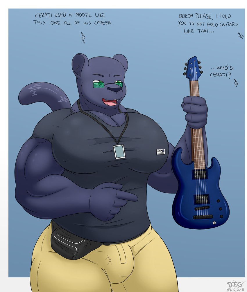 anthro big_pecs black_body black_fur bottomwear bulge clothing dialogue eyewear fanny_pack fur gesture glasses green_eyes guitar hand_gesture holding_object male muscular muscular_anthro muscular_male musical_instrument name_tag nipple_outline pants pecs plucked_string_instrument pointing shirt solo string_instrument text topwear day-tripper-guy odeon_(day-tripper-guy) felid feline mammal pantherine absurd_res hi_res