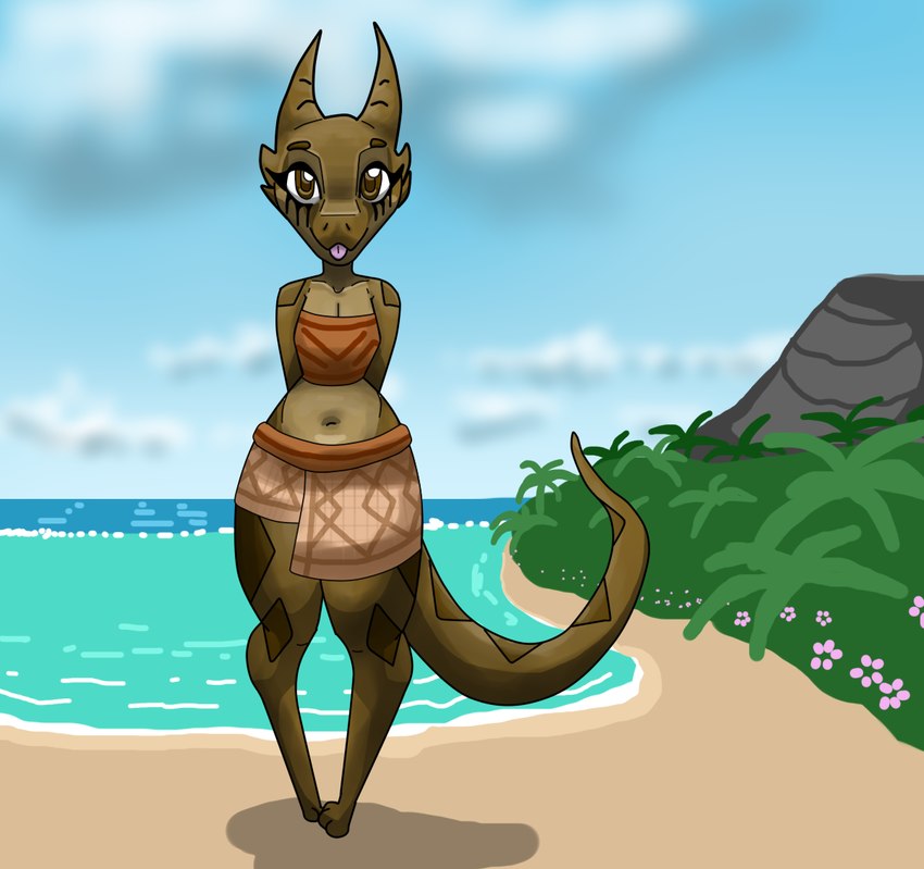 anthro beach breasts brown_body brown_clothing brown_eyes brown_scales brown_tail cleavage clothed clothing cloud detailed_background eyelashes female flower looking_at_viewer markings mountain multicolored_body multicolored_scales navel orange_clothing outside paws plant scales seaside smile solo tail tail_markings tongue tongue_out two_tone_body two_tone_scales two_tone_tail water squablodecomplash wiggles_(squablodecomplash) kobold scalie 2019 digital_media_(artwork)