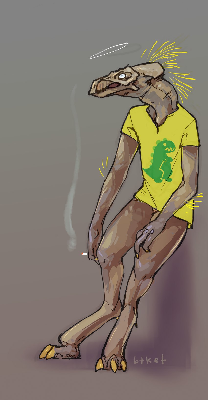 3_fingers 3_toes anthro arm_quills bottomless bottomless_anthro bottomless_male cigarette cigarette_smoke claws clothed clothing digitigrade feet finger_claws fingers grey_background hand_on_leg hand_on_thigh head_crest leaning leaning_backward leaning_on_wall male quill_hair shirt simple_background smoke solo spurs_(anatomy) toe_claws toes topwear yellow_claws yellow_clothing yellow_quills yellow_shirt yellow_topwear btket halo_(series) microsoft xbox_game_studios alien kig-yar ruuhtian_(kig-yar) scalie absurd_res colored hi_res