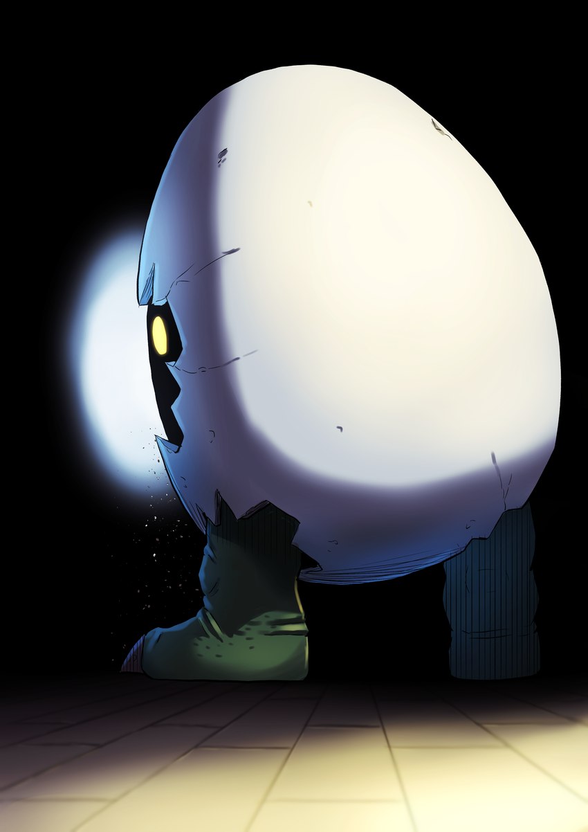 anthro eggshell glowing glowing_eyes sand shadow_face solo hase_popopo bandai_namco digimon digimon_ghost_game digimon_(species) digitamamon absurd_res hi_res