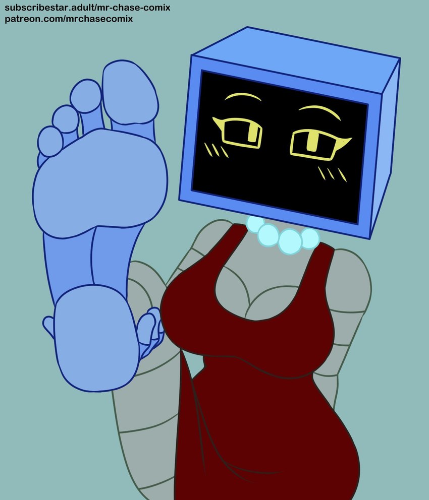 4_toes barefoot breasts clothing dress feet female foot_fetish foot_focus for_a_head humanoid_feet jewelry looking_at_viewer machine necklace not_furry plantigrade red_clothing red_dress screen screen_face text toes mrchasecomix nickelodeon spongebob_squarepants karen_plankton humanoid object_head robot screen_head hi_res url