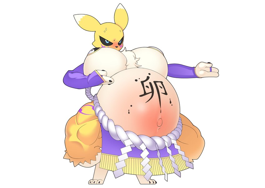 big_breasts black_sclera blue_eyes blush bodily_fluids body_writing breasts female huge_breasts hyper hyper_pregnancy ink muscular muscular_thighs navel outie_navel pasties pregnant pregnant_female solo sumo sumo_wrestler sweat text gunbangjindog bandai_namco digimon canid digimon_(species) mammal renamon absurd_res hi_res translated