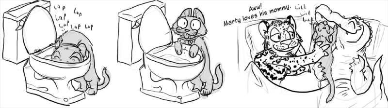 commentary female group head_in_toilet licking male oblivious tail time_lapse toilet tongue tongue_out jesie janks marty alligator alligatorid crocodilian felid jaguar mammal pantherine reptile scalie comic digital_drawing_(artwork) digital_media_(artwork) monochrome sketch