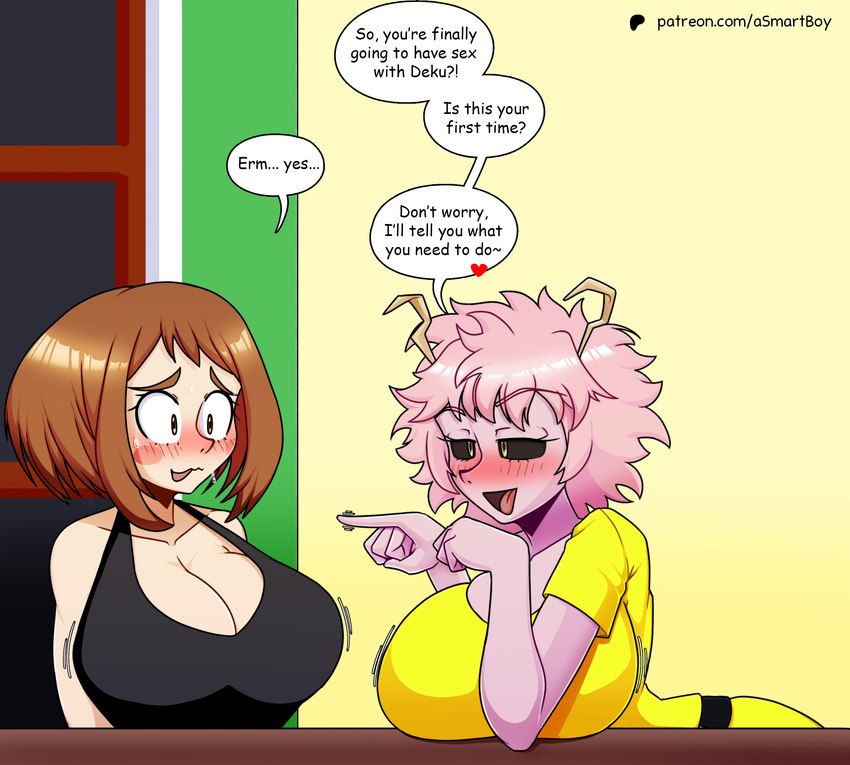 big_breasts blush breast_rest breasts brown_hair cleavage clothed clothing dialogue duo female hair heart_symbol not_furry pink_body pink_hair speech_bubble text asmartboy my_hero_academia ashido_mina human humanoid mammal english_text hi_res url