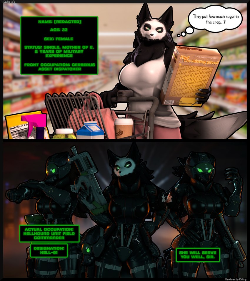 5_fingers anthro armor big_breasts black_body black_fur black_hair black_nose bottomwear breasts cereal_box clothed clothed_anthro clothed_female clothing dialogue facial_markings female fingers fur gloves grocery_store group gun hair handwear head_markings headgear helmet humanoid_hands markings military pants ranged_weapon rifle shirt shopping shopping_cart soldier tank_top text text_box thought_bubble topwear trio warrior weapon reindeerviking petruz_(copyright) canid canine canis hybrid mammal wolfdog 2024 3d_(artwork) comic digital_media_(artwork) english_text hi_res source_filmmaker_(artwork)