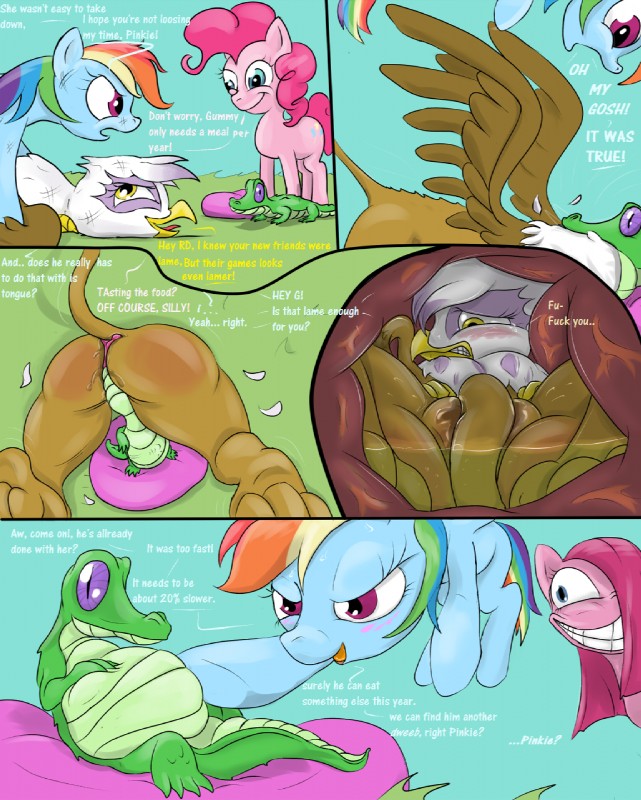 gilda, gummy, pinkie pie, and rainbow dash (friendship is magic and etc) created by malus22