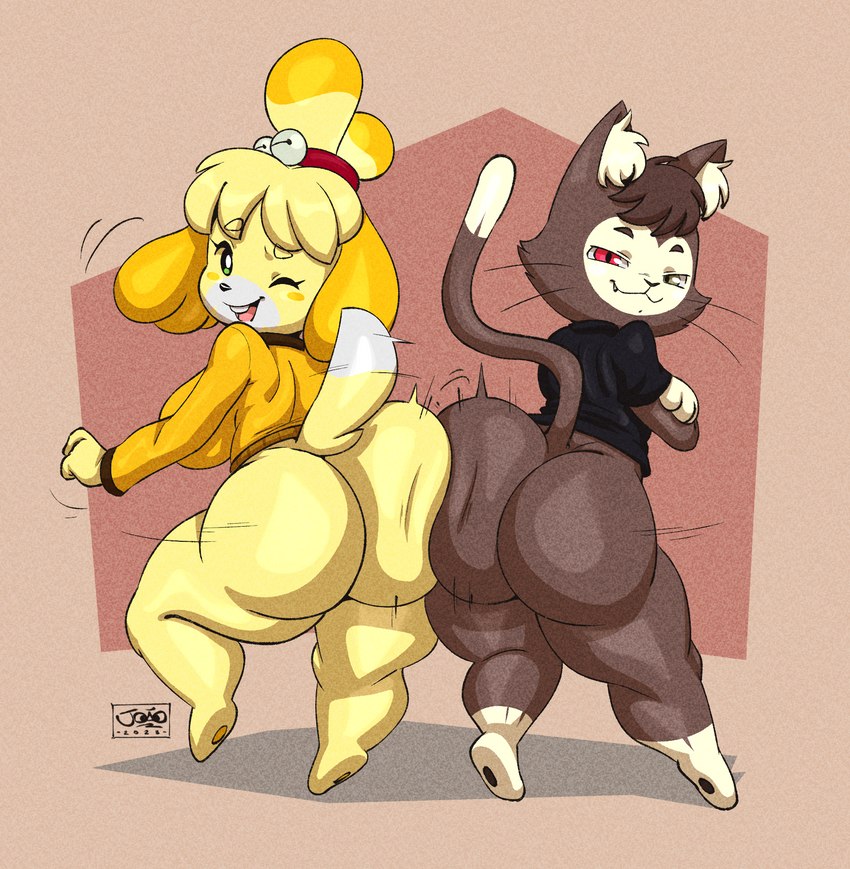 anthro ass_to_ass big_breasts big_butt bottomless breasts butt clothed clothing duo female femboy huge_butt looking_at_viewer looking_back looking_back_at_viewer male one_eye_closed wink joaoppereiraus animal_crossing nintendo isabelle_(animal_crossing) kralex canid canine canis domestic_cat domestic_dog felid feline felis mammal shih_tzu toy_dog 2023 hi_res