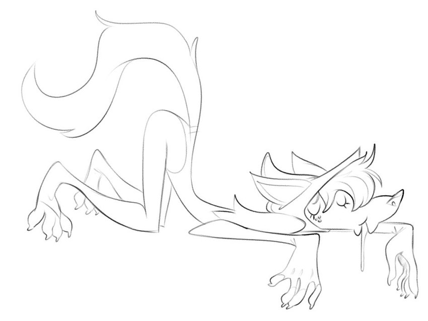 4_toes 5_fingers anthro ass_up bodily_fluids clothed clothing drooling eyes_closed feet female fingers hair hood lying on_front open_mouth raised_tail saliva skinny sleeping solo tail toes lenyavok oriana_thaffer canid canine canis mammal wolf 4:3 monochrome sketch