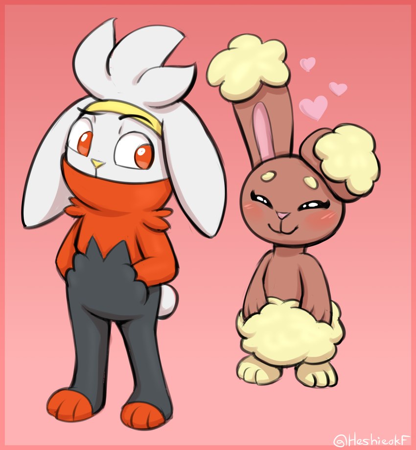 admiring ambiguous_gender anthro blush brown_body brown_fur duo eyebrows fangirl female feral fur heart_symbol looking_back love raised_eyebrow red_eyes heshieokf nintendo pokemon buneary generation_4_pokemon generation_8_pokemon lagomorph mammal pokemon_(species) raboot hi_res