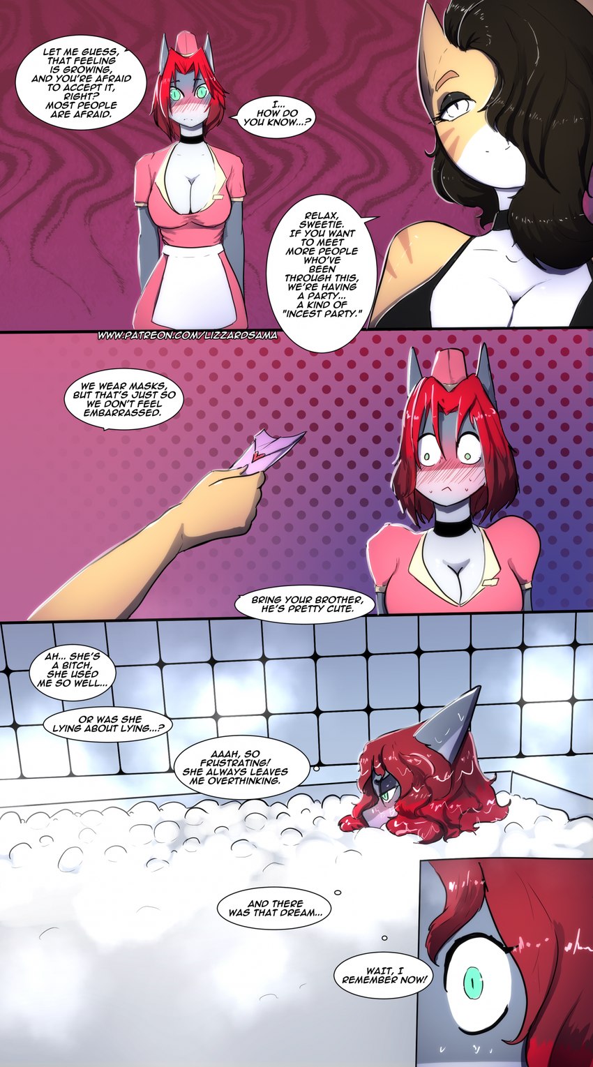 bathroom bathtub black_hair blush breasts cleavage clothed clothing dialogue furniture green_eyes hair profanity red_hair table text waitress_uniform lizzard_sama rowan_(kai_the-shark) serena_(kai_the-shark) fish marine shark absurd_res comic english_text hi_res