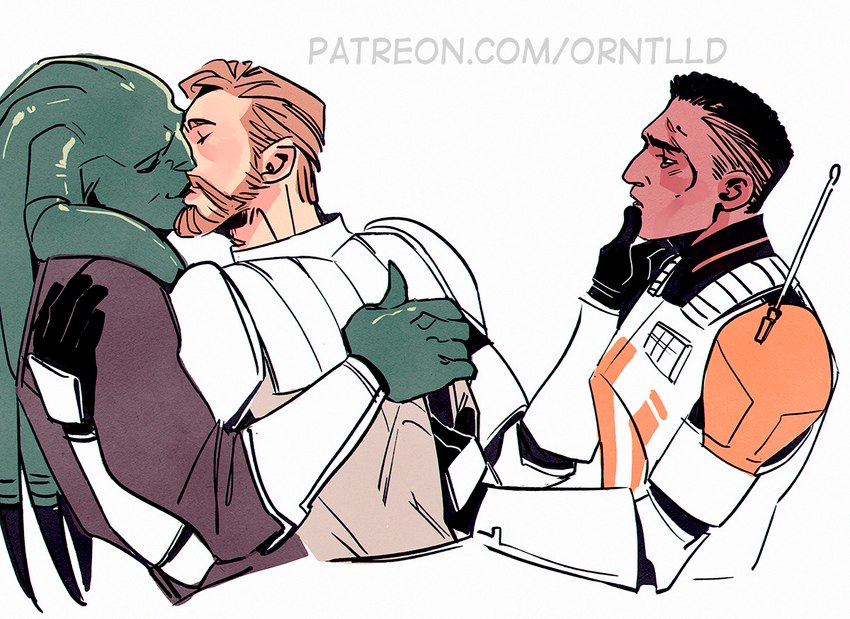 beard eyes_closed facial_hair group kiss_on_lips kissing male male/male simple_background trio white_background orientalld star_wars star_wars:_the_clone_wars clone_trooper cody_(star_wars) kit_fisto obi-wan_kenobi alien human mammal nautolan