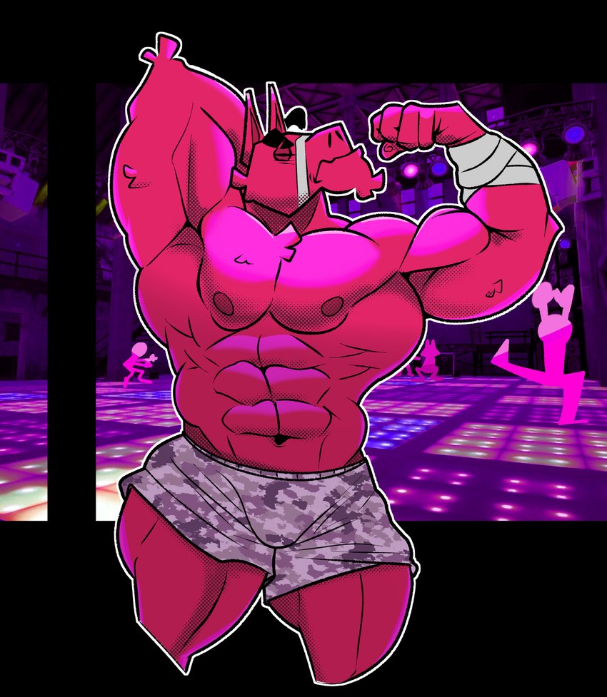 abs anthro bandage bandaged_arm bottomwear bulge clothing dance_club detailed_background eyes_closed facial_hair flexing flexing_bicep fur goatee hand_behind_head male muscular muscular_anthro muscular_male navel nipples pecs pinata pink_body pink_fur shorts solo tufted_fur cronolm epic_games fortnite lt._john_llama animate_inanimate camelid living_pinata llama mammal absurd_res hi_res