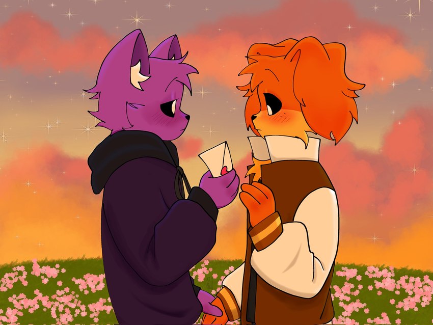 3_fingers anthro black_nose black_sclera blush cheek_tuft cloud duo envelope facial_tuft fingers flower freckles fur grass hand_holding head_tuft holding_object inner_ear_fluff interspecies looking_at_another love_letter male male/male orange_body orange_fur outside plant purple_body purple_fur sunset sweatshirt tuft white_eyes white_inner_ear_fluff yellow_body yellow_fur kikulux mob_entertainment poppy_playtime smiling_critters catnap_(poppy_playtime) dogday_(poppy_playtime) canid canine canis domestic_cat domestic_dog felid feline felis mammal 2025 hi_res