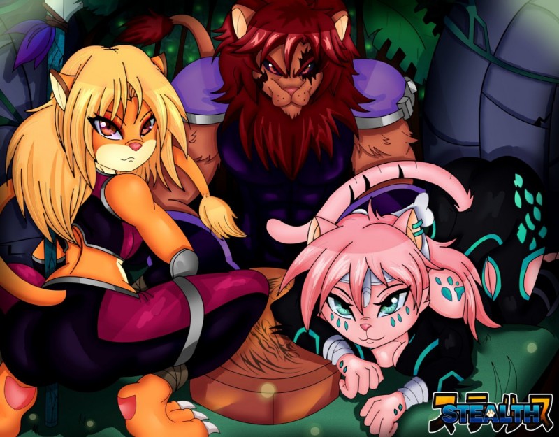 anthro black_sclera blonde_hair blue_eyes bottomwear brown_body brown_fur butt clothed clothing crop_top crouching ear_piercing family female fur group hair male orange_body orange_fur pants piercing pink_body pink_fur pink_hair princess red_hair royalty shirt tight_clothing topwear darkfang100 darkfangcomics stealth_the_series prince_arderne_schievella princess_ariella_schievella princess_corenna_schievella domestic_cat felid feline felis lion mammal pantherine