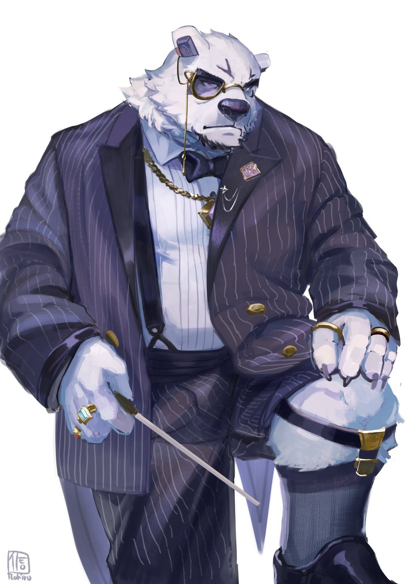 anthro bow_tie clothing conducting_baton eyewear footwear frown fur garter_belt garter_belt_socks garter_straps male monocle pinstripes ring showing_leg socks solo suit suspenders white_body white_fur itohiro0305 lifewonders live_a_hero borealis_(live_a_hero) bear mammal polar_bear ursine hi_res