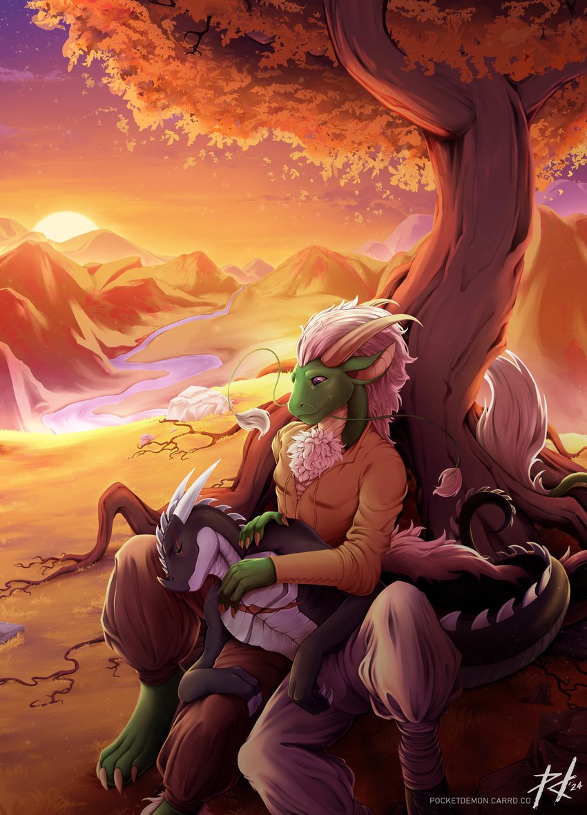 anthro branch chath clothing cuddling curled_tail duo entwined_tails environment eyes_closed fantasy fluffy fur grass harem_pants horn leaf male male/male mane mountain nature nature_background outside plant poofy_pants rest rim_light rim_lighting river rock roots scales scar shirt sitting sky sleeping spikes sunset tail tail_coil tail_tuft topwear tree tuft tunic whiskers pocketdemon mythology dragon eastern_dragon mythological_creature mythological_scalie scalie absurd_res hi_res painting_(artwork)