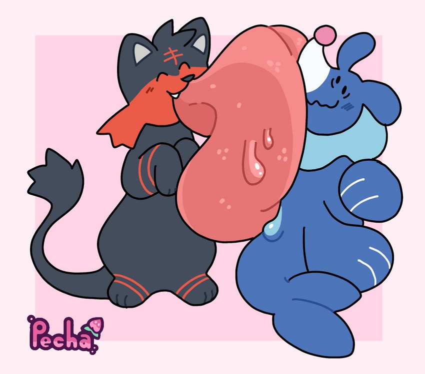 ambiguous_gender big_tongue black_body black_fur blue_body bodily_fluids feral flustered fur hyper hyper_tongue licking long_tongue pink_background red_body red_fur saliva saliva_on_tongue simple_background smile tongue tongue_fetish tongue_out wide_tongue pechaberry nintendo pokemon generation_7_pokemon litten pokemon_(species) popplio digital_media_(artwork) hi_res