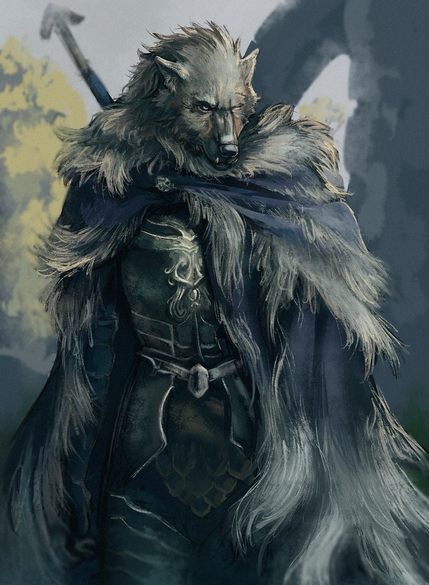 anthro armor cape clothed clothed_anthro clothed_male clothing front_view fur grey_body grey_fur looking_at_viewer male one_eye_closed outside scar solo weapon weapon_on_back eyrri soundless_(artist) elden_ring fromsoftware blaidd_(elden_ring) canid canine canis mammal wolf 2022 detailed digital_media_(artwork) digital_painting_(artwork) hi_res portrait three-quarter_portrait