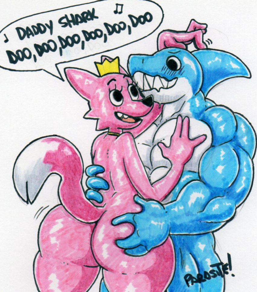 ambiguous_gender anthro biped blue_body blush butt butt_grab duo flirting front_view glistening glistening_body hand_on_butt implied_transformation latex lyrics male music nervous_smile nude pink_body rear_view singing song standing thick_thighs parasitedeath baby_shark pinkfong_wonderstar daddy_shark_(character) pinkfong_(character) canid canine fish fox mammal marine shark 2020 marker_(artwork) portrait signature three-quarter_portrait traditional_media_(artwork)