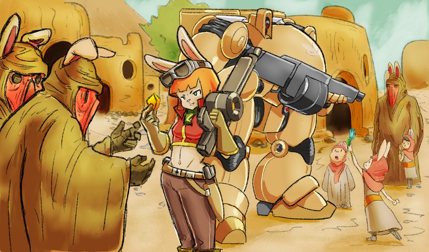 anthro female group machine male male/female mecha weapon kaizooki carolina_gemalco_(kaizooki) lagomorph leporid mammal rabbit robot hi_res